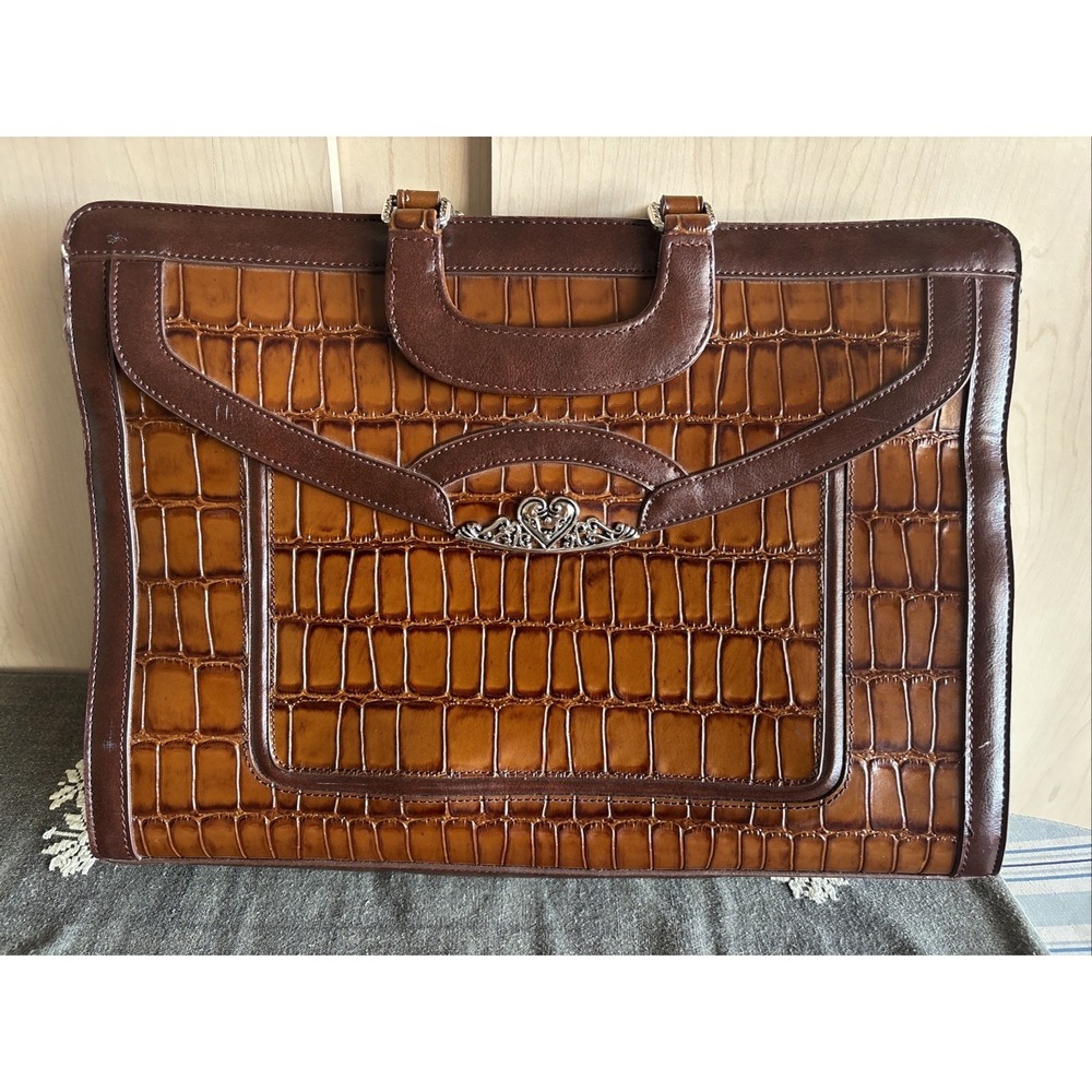 Vtg MARC CHANTEL EMBOSSED Crocodile Brown Leather Briefcase RARE Zip‎ Closure